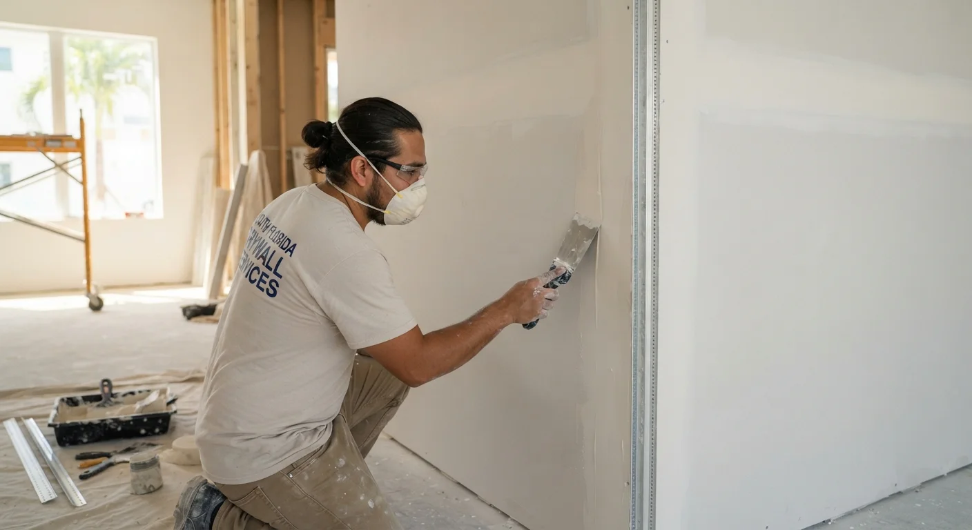 A technician carefully applying joint compound to a residential interior wall.