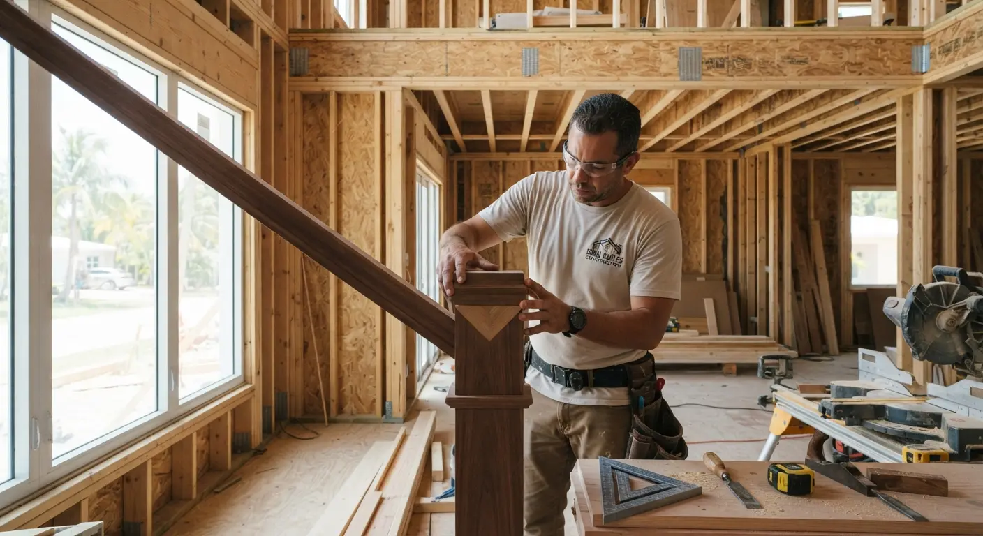 Close-up view of precision carpentry joints finished on site.