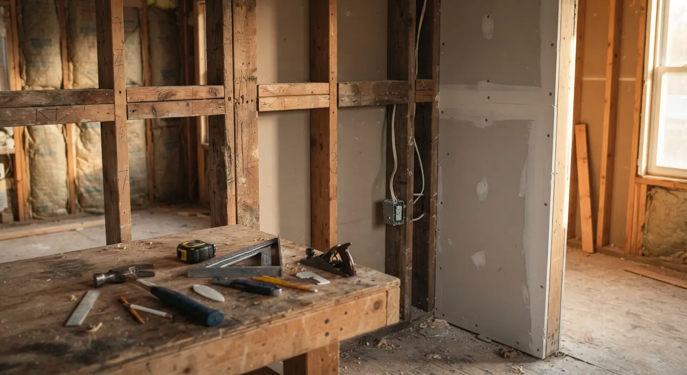 Close-up of unfinished carpentry work and tools in a Miami home undergoing renovation.