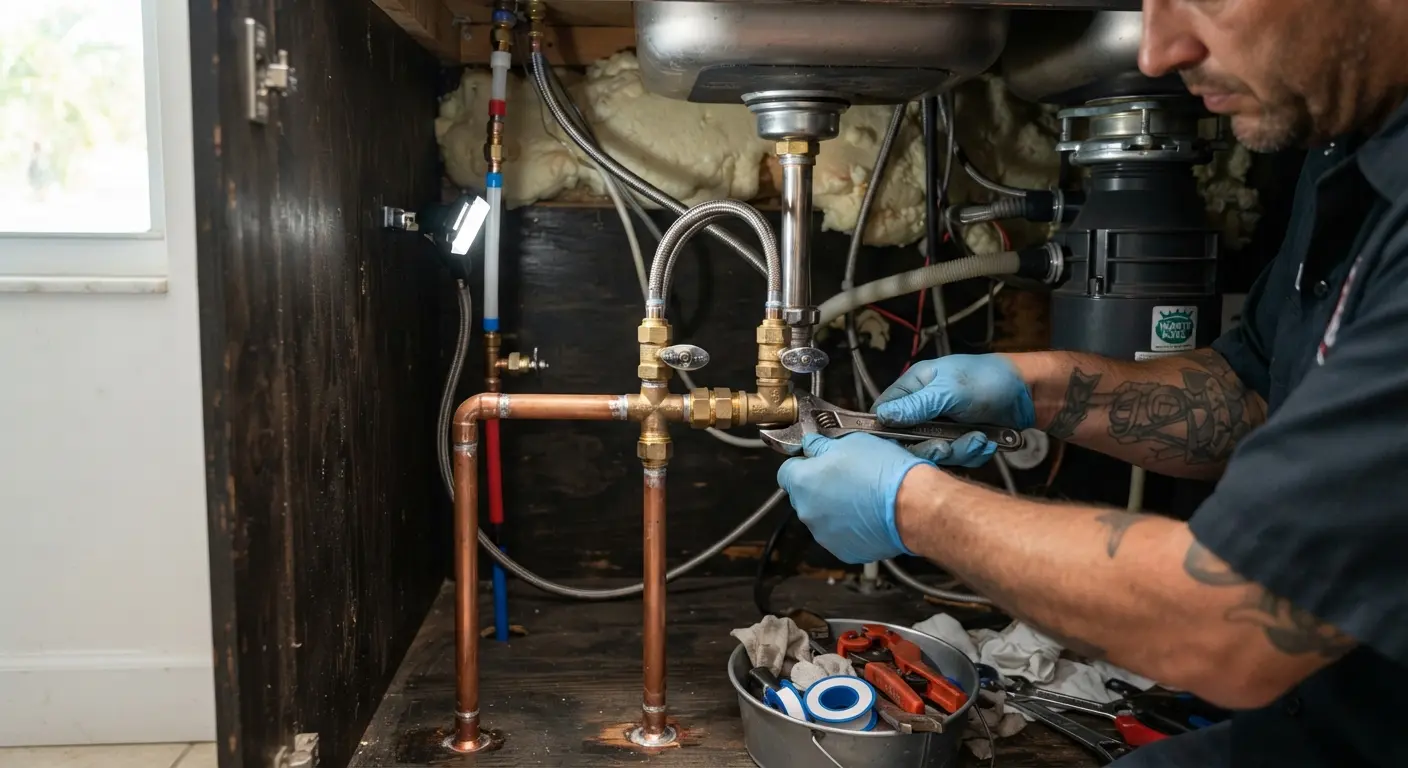 Plumbing repair technician inspecting pipe fittings in a residential utility room.